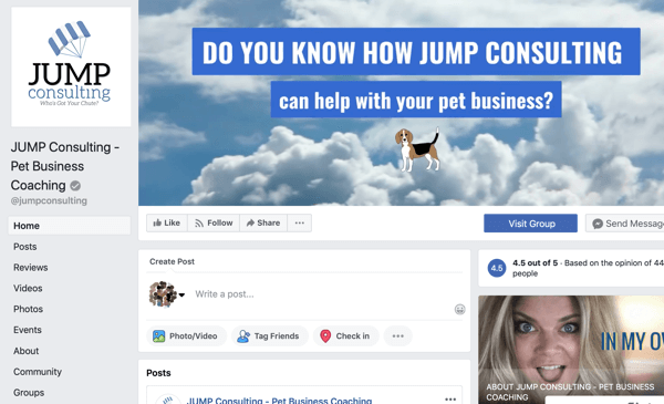 Facebook Grupları özellikleri nasıl kullanılır, JUMP Consulting için Facebook sayfası örneği