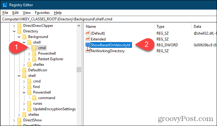 Windows Kayıt Defteri Düzenleyicisi'nde Arka Plan cmd HideBasedOnVelocityId değerini yeniden adlandırın