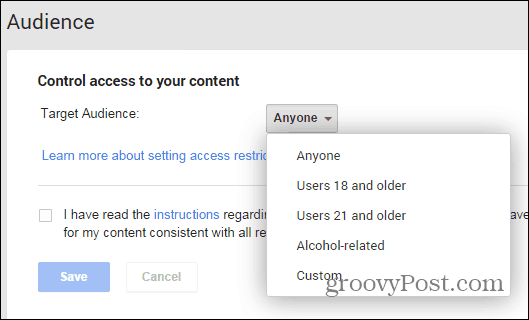 Google+ yayınları kısıtlama ayarları sayfası alkol