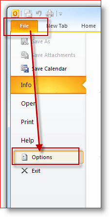 Outlook 2010 Dosyası, Seçenekler Menüsü