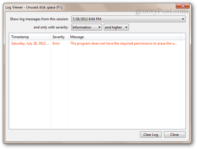 Program, diskteki kullanılmayan alanı silmek için gerekli izinlere sahip değil
