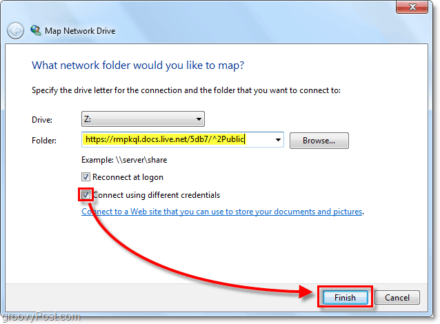windows canlı skydrive url yapıştırın eşlenen ağ sürücüsü opion yapıştırın ve farklı kimlik bilgileri bize conect kontrol edin ve sonra bitirmek tıklayın.