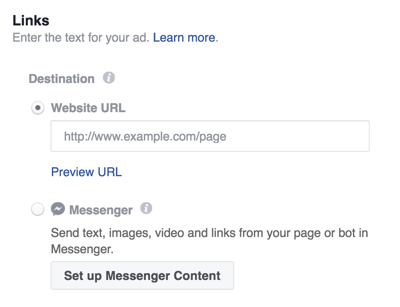 Facebook Messenger reklamınız için bir hedef seçin.