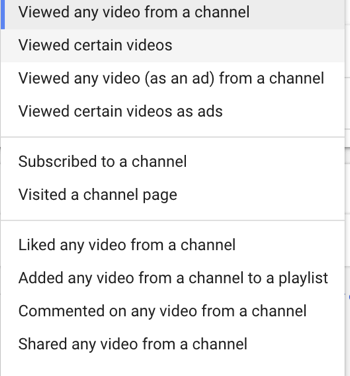 YouTube reklamları kampanyası nasıl oluşturulur, adım 27, belirli yeniden pazarlama kullanıcı eylemi belirleme