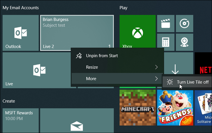 Canlı Posta Döşemelerini Düzenleme Windows 10 Başlat