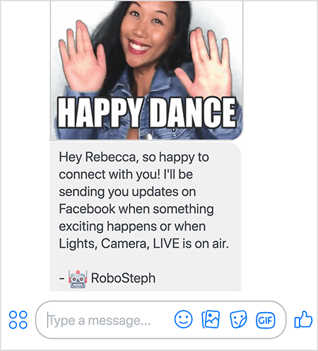 Bu, Stephanie Liu’nun Messenger botu RoboSteph’in ekran görüntüsüdür. En üstte Stephanie