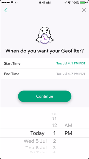 Snapchat geofilter'inizin aktif olması için bir tarih ve saat seçin.