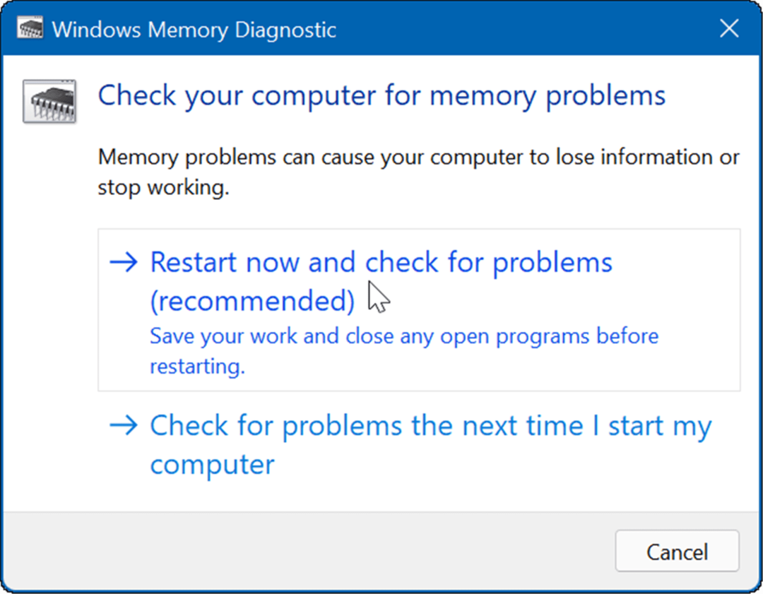 Windows bellek tanılama yeniden başlat ve kontrol et