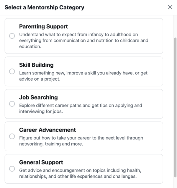 Facebook grup topluluğunuzu nasıl geliştirebilirsiniz, örnek Facebook mentorluk kategori seçenekleri