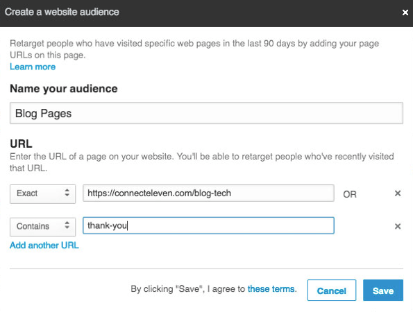 LinkedIn Eşleşen Kitleler ile yeniden hedeflemek için birden fazla URL ekleyebilirsiniz.