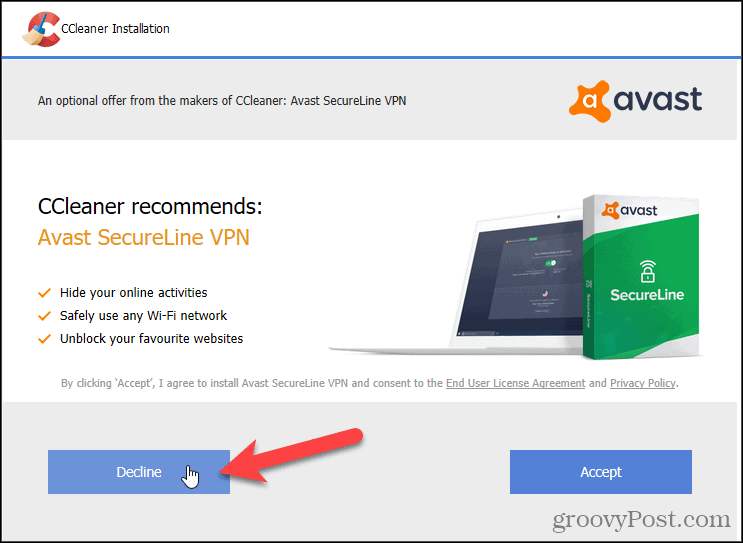 CCleaner'da Avast VPN'i reddedin