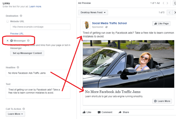 Facebook Messenger reklamınız için hedefi seçtikten sonra, diğer reklam ayrıntılarını doldurun.