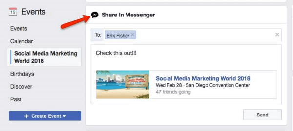 Facebook, kullanıcılardan Facebook'ta keşfedilen bir Etkinliği diğer Messenger kullanıcılarıyla paylaşmalarını ister.