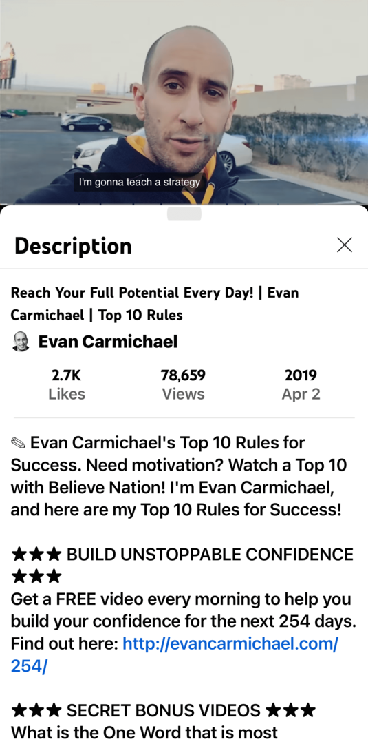 Evan Carmichael YouTube videosunun resmi ve mobil uygulamada açıklaması