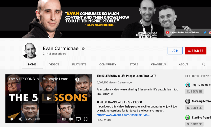 Evan Carmichael için YouTube kanalı sayfası