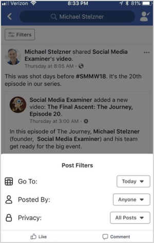 Mike Stelzner tarafından vahşi ortamda bulunan Facebook profil arama filtresi özelliği.
