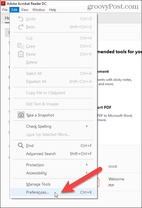 Adobe Acrobat Reader'daki Düzenle menüsünde Tercihler'i seçin