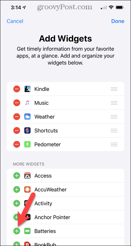 Piller widget'ını iPhone Widgetları ekranına ekleme