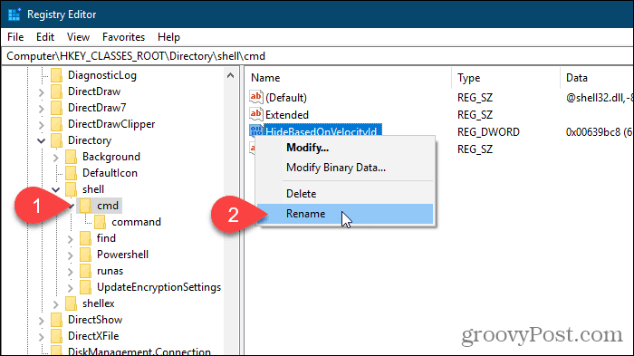 Windows Kayıt Defteri Düzenleyicisi'nde HideBasedOnVelocityId değeri için Yeniden Adlandır'ı seçin