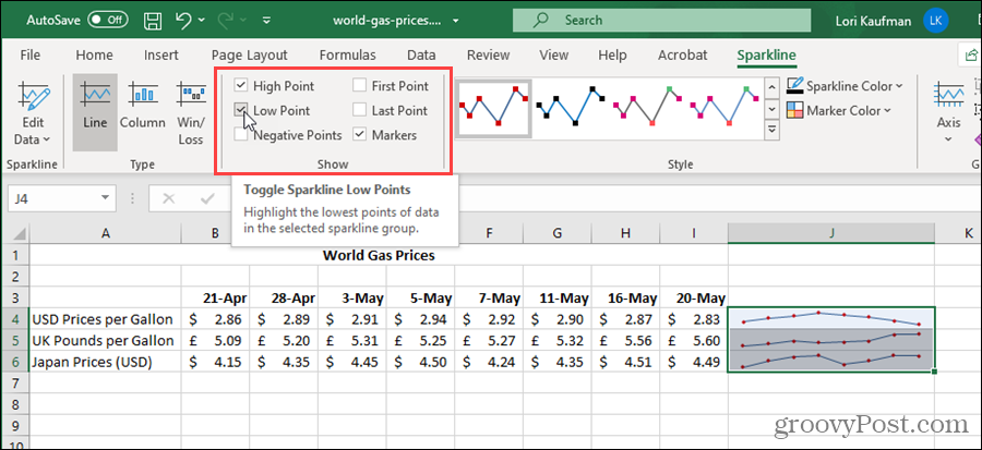 Excel'de Mini Grafikler için seçenekleri göster