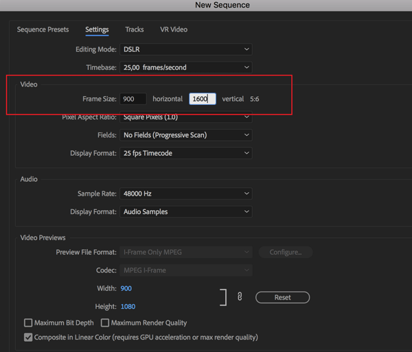 Adobe Premier Pro'da sekansınız için kare hızını ayarlama seçeneği.