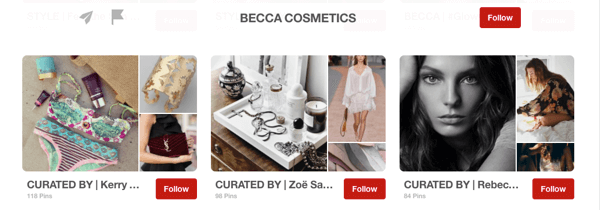 Becca Cosmetics için etkileyiciler tarafından küratörlüğünü yapılan Pinterest'teki konuk panoları örneği.