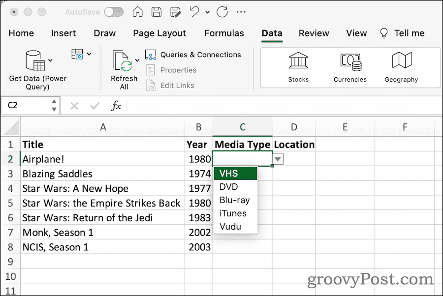 Excel elektronik tablosundaki açılır liste