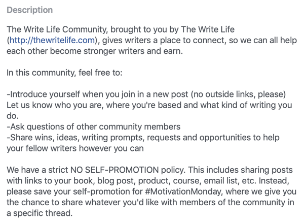 Facebook grup topluluğunuzu nasıl geliştirebilirsiniz, The Write Life Community tarafından hazırlanan Facebook grup açıklaması ve kuralları örneği