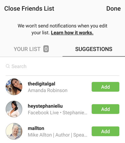 Instagram'daki Yakın Arkadaşlar listenize bir arkadaş eklemek için Ekle'yi tıklama seçeneği.