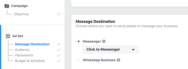 Facebook Messenger reklamları için tıklayın, 1. adım.
