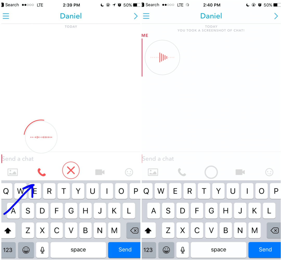 Snapchat'te, müşterinizin bir sonraki oturum açışında göreceği bir sesli mesaj kaydetmek için telefon simgesini basılı tutun.