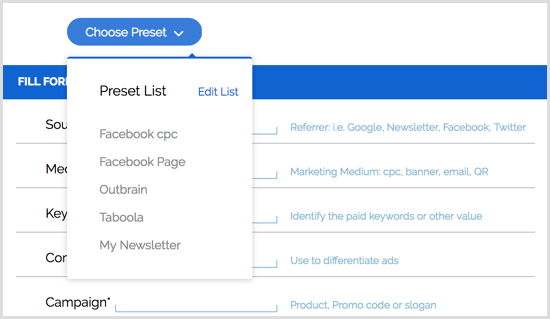 Google URL Oluşturucu Chrome uzantısı ön ayarları
