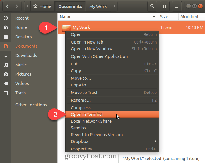 Ubuntu Linux'ta Terminalde Aç'ı seçin