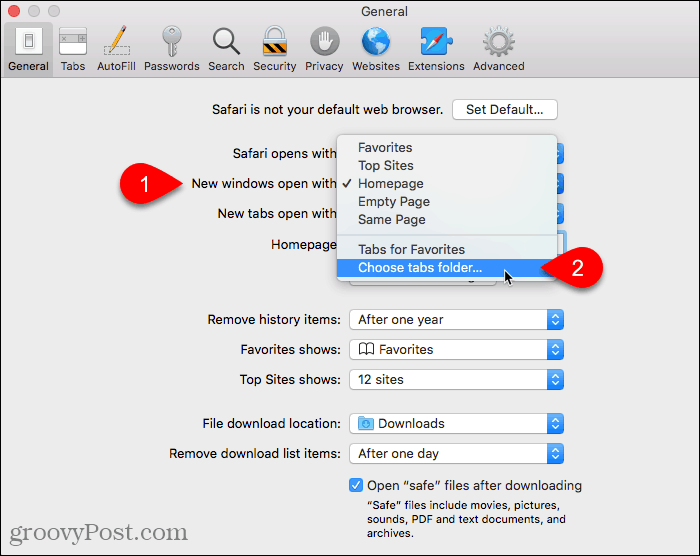 Mac'te Safari'de ayarlanan yeni pencereler açık için sekmeler klasörü seç'i seçin