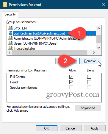 Windows Kayıt Defteri'ndeki İzinler iletişim kutusundaki bir kullanıcıyı kaldırma