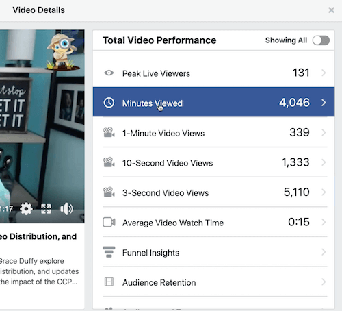 Toplam video performansı bölümü altında kitleyi elde tutmanın facebook grafiği örneği
