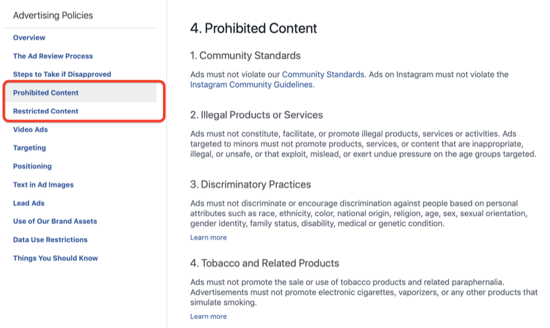 Facebook Reklam Politikalarının Yasaklanmış İçerik bölümü