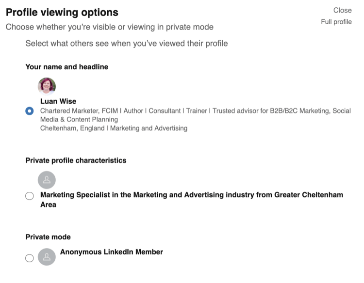 LinkedIn gizlilik ayarlarında Profil Görüntüleme Seçenekleri
