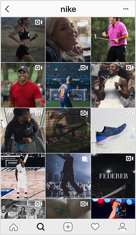Nike Instagram gönderileri, Nike teçhizatı giyen bir sporcu ızgarasına sahiptir, ancak akıştaki birkaç resimde metin vardır.