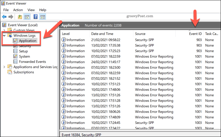 Olay Görüntüleyicideki Windows uygulama günlüklerinin listesi
