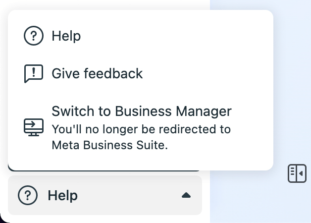 Meta Business Suite'te Business Manager'a Geç seçeneğinin resmi