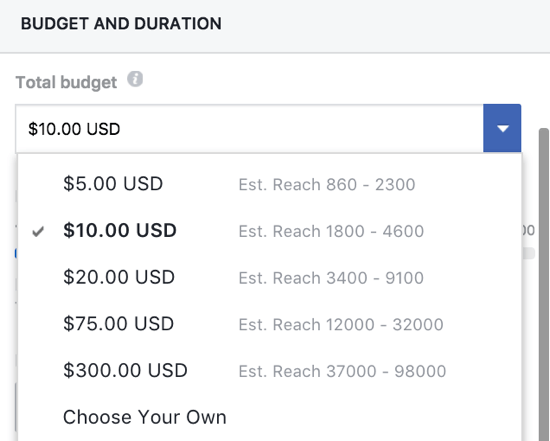 Facebook destekli gönderiniz için manuel olarak bir bütçe belirleyebilirsiniz.