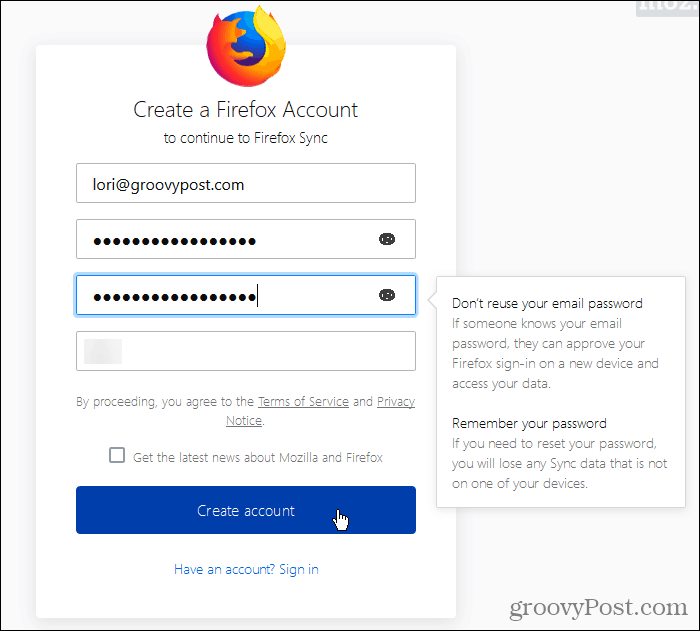 Bir Firefox Sync hesabı oluşturun