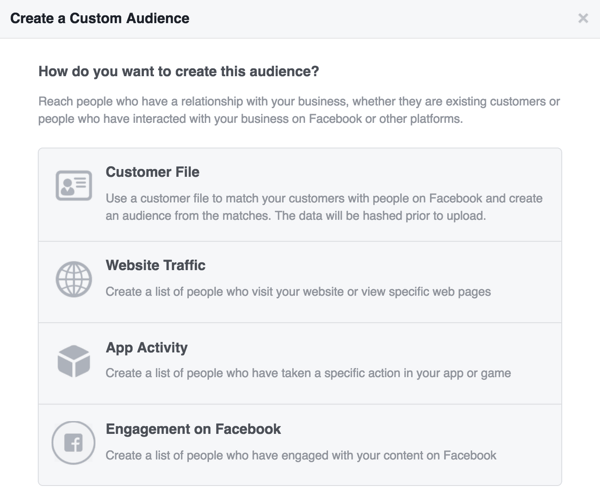 Facebook özel hedef kitleniz için kullanmak istediğiniz kaynağı seçin.
