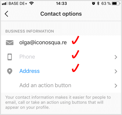 Instagram işletme hesabı için iletişim bilgilerini ekleyin