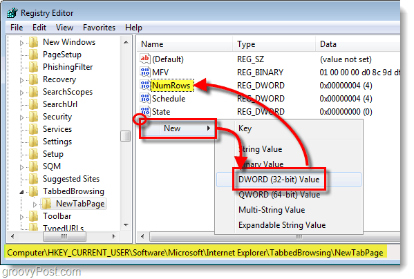 HKEY_CURRENT_USERSyazılımMicrosoftInternet ExplorerTabbedBrowsingNewTabPage'e numara ekleyin