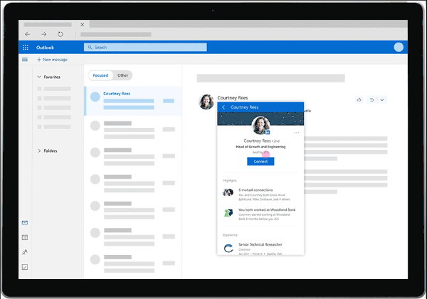 LinkedIn artık doğrudan Outlook.com kullanıcısının kişisel gelen kutusundan profil resimleri, çalışma geçmişi ve daha fazlası gibi zengin içgörüler sağlayacak.