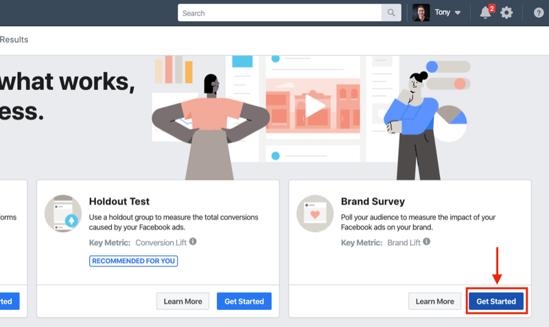 Facebook Deneyleri için Marka Anketi için Başlayın düğmesi