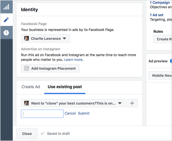 Mevcut Gönderiyi Kullan'ı seçin ve Facebook gönderi kimliğini girin.