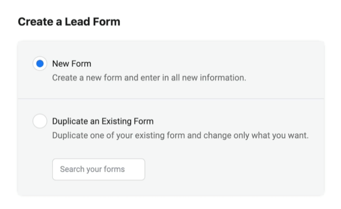 facebook lider reklamları, seçilen yeni form seçeneğiyle yeni potansiyel müşteri formu oluşturur